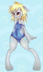 Size: 900x1497 | Tagged: safe, artist:coffeechicken, derpy hooves, anthro, semi-anthro, bipedal, chubby, clothes, solo, swimsuit, wardrobe malfunction, wet, wet mane