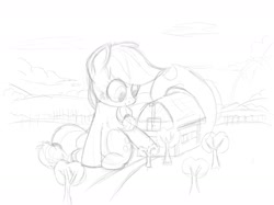 Size: 1280x959 | Tagged: safe, artist:ncmares, applejack, earth pony, pony, big-apple-pony, black and white, cowboy hat, cute, freckles, giant pony, grayscale, hat, lineart, macro, monochrome, newbie artist training grounds, sitting, sketch, solo, stetson, sweet apple acres, tumblr