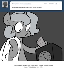 Size: 666x763 | Tagged: safe, artist:egophiliac, princess luna, alicorn, pony, ask, clothes, filly, lab coat, monochrome, moonstuck, neo noir, partial color, punch clock, science woona, solo, tumblr, woona, younger