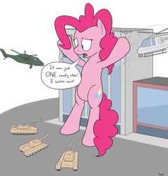 Size: 2609x2741 | Tagged: safe, artist:rapidstrike, pinkie pie, pony, bipedal, city, dialogue, exclamation point, giant pony, helicopter, hooves up, macro, military, open mouth, request, requested art, solo, speech bubble, tank (vehicle)