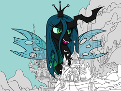 Size: 6000x4500 | Tagged: safe, artist:aurumluxetal, queen chrysalis, changeling, changeling queen, pony, absurd resolution, canterlot, giant pony, macro, solo, wip