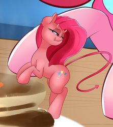 Size: 800x900 | Tagged: safe, artist:madacon, pinkie pie, earth pony, pony, close-up, conscience, food, macro, newbie artist training grounds, pancakes, pinkamena diane pie, shoulder devil, size difference, solo, syrup