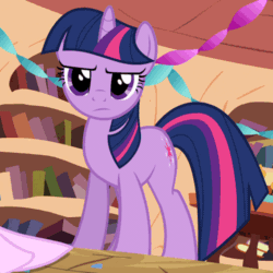 Size: 500x500 | Tagged: safe, edit, edited screencap, screencap, twilight sparkle, unicorn twilight, pony, unicorn, secret of my excess, >:), animated, bronybait, caption, cropped, evil grin, female, gif, golden oaks library, happy, horses doing horse things, magic, mare, pawing the ground, raised hoof, smiling, solo, telekinesis, this will end in hugs
