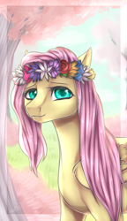 Size: 924x1600 | Tagged: safe, artist:lou1911, fluttershy, pegasus, pony, bust, floral head wreath, flower, folded wings, looking at you, portrait, solo