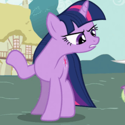 Size: 503x503 | Tagged: safe, screencap, spike, twilight sparkle, unicorn twilight, dragon, pony, unicorn, secret of my excess, angry, animated, cropped, female, frown, gif, looking at something, loop, mare, open mouth, raised hoof, solo focus