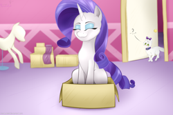 Size: 4500x3000 | Tagged: safe, artist:mercurial64, opalescence, rarity, cat, pony, unicorn, :3, behaving like a cat, box, carousel boutique, cute, daaaaaaaaaaaw, female, if i fits i sits, mare, pony in a box, raribetes, sitting, smiling