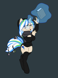 Size: 1739x2328 | Tagged: safe, artist:lavenderrose, oc, oc only, oc:story time, anthro, unguligrade anthro, unicorn, beanie, book, clothes, glasses, glowing horn, hat, horn, magic, scarf, solo, stockings, telekinesis, thigh highs