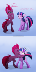 Size: 2000x4000 | Tagged: safe, artist:mercurial64, fizzlepop berrytwist, tempest shadow, twilight sparkle, twilight sparkle (alicorn), alicorn, pony, unicorn, my little pony: the movie, blue background, blushing, broken horn, chest fluff, comic, cute, eye scar, female, fixed horn, gradient background, horn, kiss on the cheek, kissing, lesbian, mare, scar, scrunchy face, shipping, simple background, so awesome, surprise kiss, tempest gets her horn back, tempest now has a true horn, tempestbetes, tempestlight