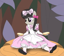 Size: 2500x2207 | Tagged: safe, artist:avchonline, octavia melody, anthro, alice in wonderland, clothes, dress, eyeshadow, frilly dress, gloves, hair bow, lace, makeup, mary janes, micro, mushroom, pantaloons, pantyhose, petticoat, pinafore, ribbon, ruffles, shoes, tights