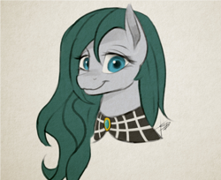 Size: 1200x977 | Tagged: safe, artist:mercurial64, cloudy quartz, earth pony, pony, bust, female, gray background, looking at you, loose hair, mare, milf, missing accessory, no glasses, portrait, simple background, smiling, solo