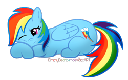 Size: 590x370 | Tagged: safe, artist:emmybear24, rainbow dash, pegasus, pony, blue coat, chubby, female, mare, multicolored mane, solo, tired