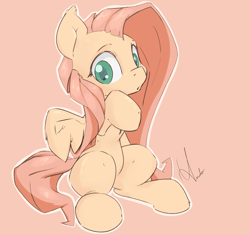 Size: 2077x1950 | Tagged: safe, artist:ando, fluttershy, pegasus, pony, colored pupils, cute, ear fluff, haunches, looking at you, looking sideways, open mouth, pink background, raised hoof, shyabetes, signature, simple background, sitting, solo, spread wings, wing fluff