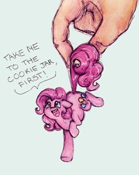 Size: 651x818 | Tagged: safe, artist:buttersprinkle, pinkie pie, earth pony, human, pony, cute, dialogue, diapinkes, female, floppy ears, hand, in goliath's palm, looking up, mare, micro, open mouth, size difference, smiling, tail, tail pull, text, tiny, tiny ponies, traditional art