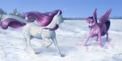 Size: 3720x1860 | Tagged: safe, artist:bluespaceling, rarity, twilight sparkle, twilight sparkle (alicorn), alicorn, pony, unicorn, dock, female, magic, mare, realistic, running, snow, snowball fight, telekinesis, tongue out