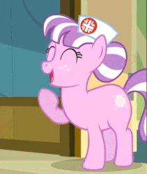 Size: 433x513 | Tagged: safe, screencap, nurse sweetheart, earth pony, pony, read it and weep, animated, chubby, cropped, cute, door, female, hair bun, hat, mare, nurse, nurse hat, nurse sweetabetes, ponyville hospital, solo