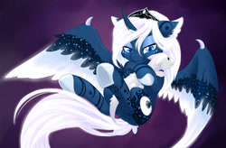 Size: 1920x1256 | Tagged: safe, artist:dstears, princess luna, oc, oc:zefiroth, alicorn, dragon, pony, alternate design, canon x oc, crown, cute, eyeshadow, jewelry, lidded eyes, looking at you, lunabetes, makeup, plushie, regalia, shipping, solo, spread wings