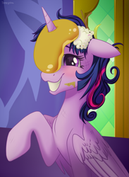 Size: 883x1206 | Tagged: safe, artist:taneysha, twilight sparkle, twilight sparkle (alicorn), alicorn, pony, blushing, cute, floppy ears, food, grin, horn impalement, i'm pancake, messy mane, pancakes, raised hoof, scene interpretation, sitting, smiling, solo, squee, twiabetes