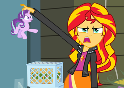 Size: 1016x720 | Tagged: safe, edit, edited screencap, screencap, starlight glimmer, sunset shimmer, human, pony, unicorn, equestria girls, equestria girls (movie), apple cider, bottle, canterlot high, clothes, corn, crate, cutie mark, cutie mark on clothes, door, drama, drama bait, exploitable meme, female, food, grabbing, meme, micro, starlight drama, sunset is disgusted, unamused