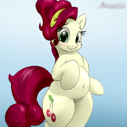 Size: 1280x1280 | Tagged: safe, artist:mercurial64, cherry jubilee, earth pony, pony, belly, belly button, bipedal, chubby, cute, digital art, female, gradient background, looking at you, plump, signature, smiling, solo