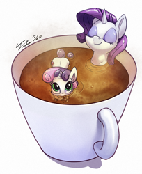 Size: 900x1101 | Tagged: safe, artist:tsitra360, rarity, sweetie belle, pony, unicorn, blowing bubbles, bubble, chocolate, cup of pony, cute, cutie mark, daaaaaaaaaaaw, diasweetes, eyes closed, female, filly, hot chocolate, marshmallow, micro, raritea, rarity is a marshmallow, relaxing, signature, sisters, sweet tea belle, sweetie belle is a marshmallow too, the cmc's cutie marks