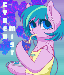 Size: 3600x4200 | Tagged: safe, artist:fawness, oc, oc only, oc:cyber mist, earth pony, pony, absurd resolution, aesthetics, clothes, cute, drink, drinking, earbuds, ipod, mp3 player, soda, solo, tanktop, vaporwave