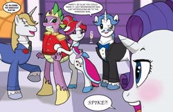 Size: 4896x3168 | Tagged: safe, artist:bico-kun, fancypants, moondancer, prince blueblood, rarity, spike, dragon, pony, unicorn, alcohol, blushing, bowtie, champagne, clothes, crown, cutie mark, dress, female, grand galloping gala, love triangle, male, monocle, prince spike, shipping, sparity, spikedancer, straight, suit