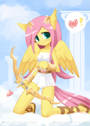 Size: 1075x1512 | Tagged: safe, artist:howxu, fluttershy, angel, anthro, pegasus, plantigrade anthro, arrow, bow (weapon), bow and arrow, clothes, cloud, column, cupid, cute, female, fluttershy the angel, greek mythology, heart, kneeling, sandals, shyabetes, smiling, solo, weapon