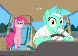 Size: 400x288 | Tagged: safe, lyra heartstrings, pinkie pie, earth pony, pony, animated, car, chubby, disney world, disneyland, driving, family guy, ford ltd country squire, station wagon, wat