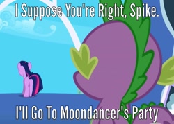 Size: 1004x719 | Tagged: safe, edit, edited screencap, screencap, moondancer, spike, twilight sparkle, dragon, amending fences, friendship is magic, alternate scenario, alternate universe, eyes on the prize, hilarious in hindsight, image macro, meme, twilight's canterlot home, what could have been