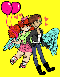 Size: 500x640 | Tagged: safe, artist:hotsauceonpizza, pinkie pie, rainbow dash, balloon, chubby, female, heart, humanized, lesbian, natural hair color, pinkiedash, punk, redhead, shipping, winged humanization