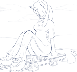 Size: 1280x1198 | Tagged: safe, artist:mrrowboat, oc, oc only, oc:golden age, anthro, plantigrade anthro, butt crush, clothes, destruction, giant anthro, giantess, houses, lineart, macro, monochrome, pants, sandals, sitting, solo, torn clothes