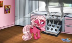 Size: 2545x1529 | Tagged: safe, artist:xwhitedreamsx, oc, oc only, earth pony, pony, accident, burnt, choker, commission, crepuscular rays, crying, cupcake, cute, filly, floppy ears, food, kitchen, oven mitts, sad, smoke, solo, sunlight, teary eyes