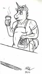 Size: 889x1563 | Tagged: safe, artist:tateshaw, donut joe, anthro, chubby, coffee, sketch, solo, stubble, traditional art