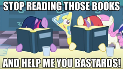 Size: 856x479 | Tagged: safe, edit, edited screencap, screencap, lemon hearts, minuette, moondancer, twilight sparkle, twinkleshine, amending fences, beaker, book, caption, cup, erlenmeyer flask, filly, flaskhead hearts, funny, glass, help, help me, image macro, meme, vulgar, wat