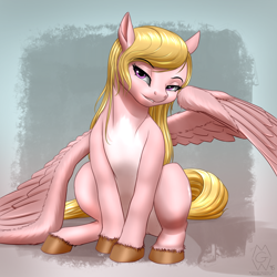 Size: 2000x2000 | Tagged: safe, artist:mykegreywolf, oc, oc only, oc:vee, pegasus, pony, bedroom eyes, blonde, blonde mane, blonde tail, hooves, lip bite, sitting, solo, spread wings, straight hair, unshorn fetlocks, wings