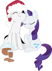 Size: 2616x3549 | Tagged: safe, artist:barrfind, rarity, oc, oc:barrfind, pony, unicorn, canon x oc, chocolate, chocolate milk, cookie, cuddling, eyes closed, female, food, hat, love, male, milk, rarifind, santa hat, shipping, simple background, smiling, snuggling, straight, transparent background, vector