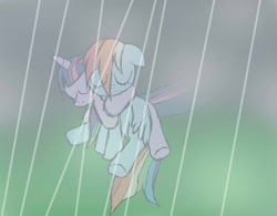 Size: 1552x1210 | Tagged: safe, artist:unlicensedbrony, rainbow dash, twilight sparkle, pegasus, pony, comforting, female, hug, hug from behind, lesbian, rain, sad, shipping, twidash