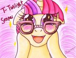 Size: 1646x1260 | Tagged: safe, artist:the1king, moondancer, amending fences, blushing, glasses, implied lesbian, senpai, senpai noticed me, shipping, solo, twidancer