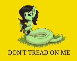 Size: 1280x1024 | Tagged: safe, artist:compoundlift, oc, oc only, oc:anon filly, lamia, original species, snake pony, angry, ar15, don't tread on me, female, frown, gadsden flag, glare, grass, gun, hoof hold, looking at you, m4, simple background, snek, solo, species swap, underhoof, weapon, yellow background