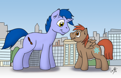 Size: 2142x1382 | Tagged: safe, artist:mythaw, oc, oc only, oc:splash stroke, oc:winterlight, pegasus, pony, unicorn, building, city, cute, giant pony, macro, male, stallion