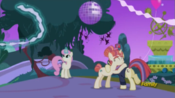 Size: 605x340 | Tagged: safe, screencap, moondancer, moondancer's sister, morning roast, twinkleshine, pony, unicorn, amending fences, background pony, balloon, disco ball, female, fountain, hug, levitation, magic, mare, mirror ball, sisters, telekinesis