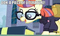 Size: 1280x767 | Tagged: safe, edit, edited screencap, screencap, moondancer, pony, unicorn, amending fences, adorkable, book, clothes, dork, family guy, female, glasses, image macro, james woods, mare, meme, moonbetes, solo, sweater