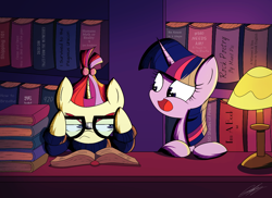 Size: 2202x1606 | Tagged: safe, artist:therandomjoyrider, moondancer, twilight sparkle, twilight sparkle (alicorn), alicorn, pony, amending fences, book, broken glasses, duo, female, library, mare