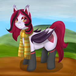 Size: 3300x3300 | Tagged: safe, artist:afterman, oc, oc only, oc:arrhythmia, bat pony, pony, clothes, outdoors, scarf, smiling, solo, standing