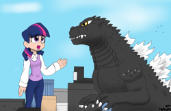 Size: 800x517 | Tagged: safe, artist:fallenangel5414, twilight sparkle, human, kaiju, crossover, giantess, godzilla, godzilla (series), humanized, macro, open mouth