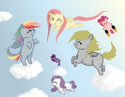 Size: 1024x800 | Tagged: safe, artist:osirisanimus, derpy hooves, fluttershy, pinkie pie, rainbow dash, rarity, twilight sparkle, pegasus, pony, unicorn, chubby, cloud, cloudy, female, flying, jetpack, magic, mare, sky