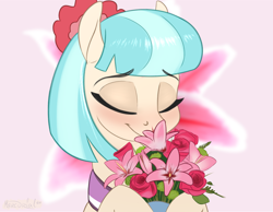 Size: 1200x933 | Tagged: safe, artist:mercurial64, coco pommel, earth pony, pony, :t, abstract background, blushing, bouquet, bust, cocobetes, cute, eyes closed, female, flower, flower in hair, hair ornament, hoof hold, mare, movie accurate, portrait, rose, smiling, solo