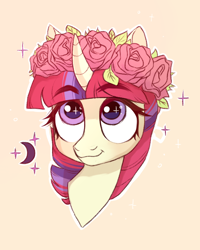 Size: 576x721 | Tagged: safe, artist:kapusha-blr, moondancer, pony, unicorn, amending fences, floral head wreath, flower, missing accessory, smiling, solo