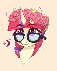 Size: 576x721 | Tagged: safe, artist:kapusha-blr, moondancer, pony, unicorn, amending fences, bust, crescent moon, cute, dancerbetes, floral head wreath, flower, glasses, moon, portrait, simple background, smiling, solo, sparkles, yellow background