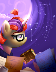 Size: 1979x2547 | Tagged: safe, artist:segraece, moondancer, pony, unicorn, amending fences, book, constellation, nerd, night, solo, studying